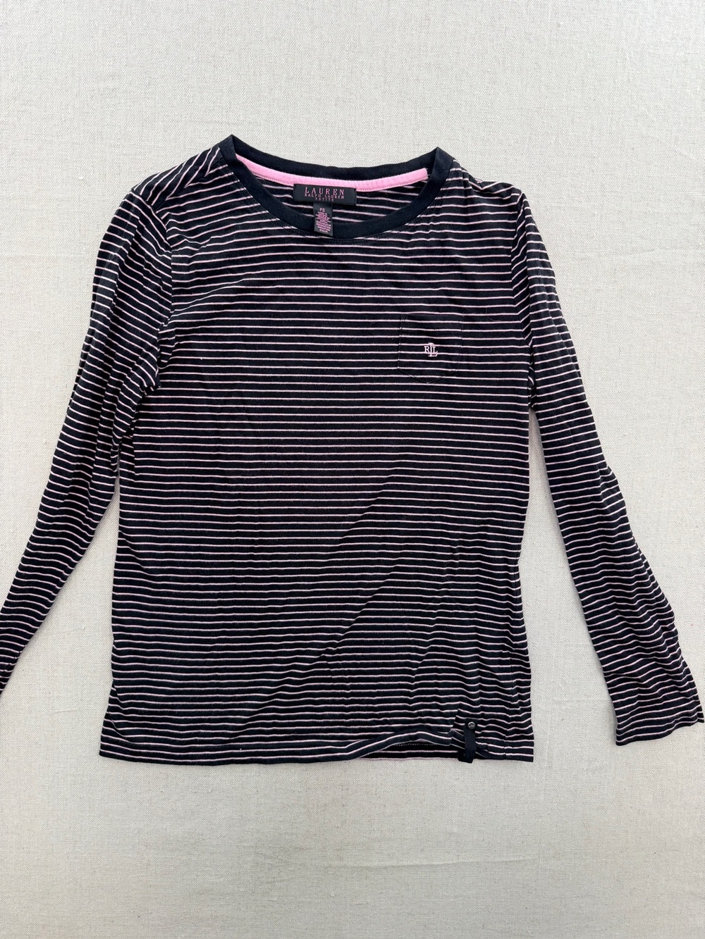 Lauren Ralph Lauren Black and Light Pink Striped Long Sleeve Tee